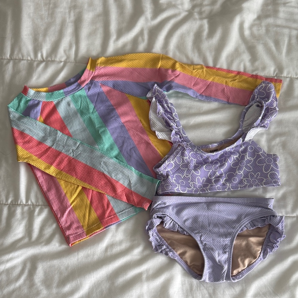 Old Navy Toddler Girls 3-Piece Colorful Striped Top and Purple Floral Bikini Set
